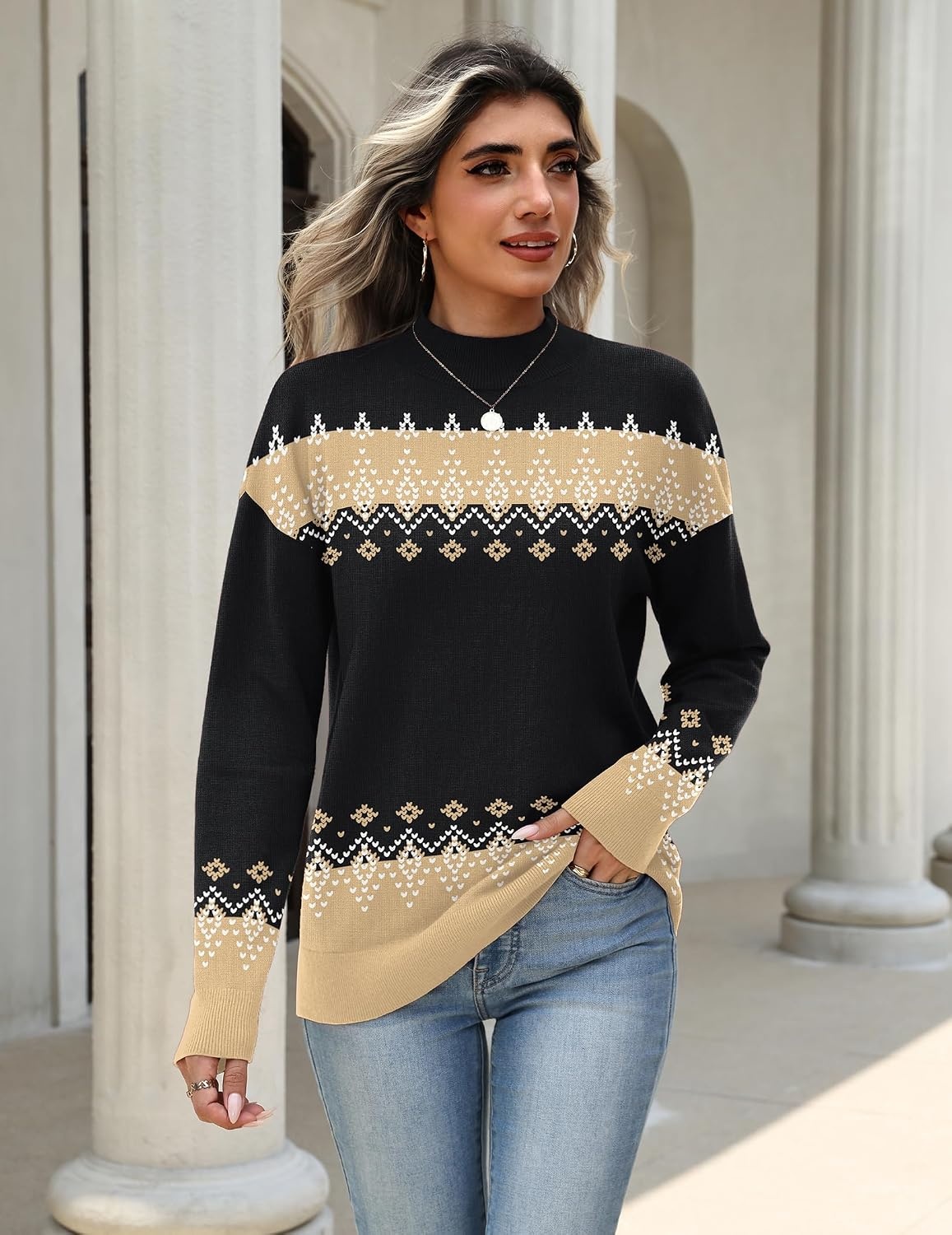 image:imageZeagoo Womens Sweaters Turtleneck Long Sleeve Tops Lightweight Fall ClothesFair Isle Pattern