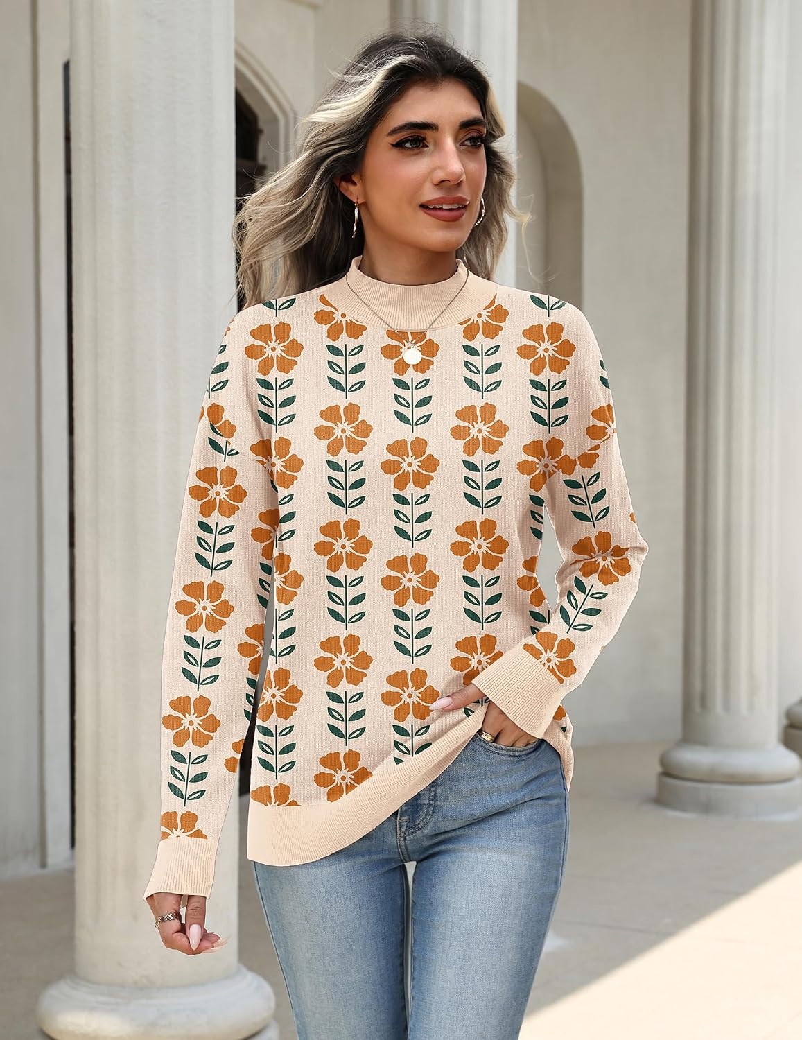 image:imageZeagoo Womens Sweaters Turtleneck Long Sleeve Tops Lightweight Fall ClothesFlower167