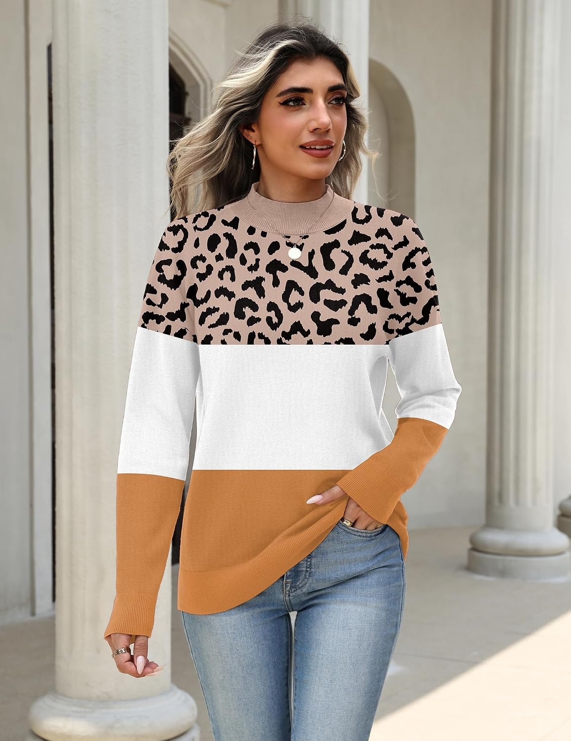 image:imageZeagoo Womens Sweaters Turtleneck Long Sleeve Tops Lightweight Fall ClothesLeopard Print