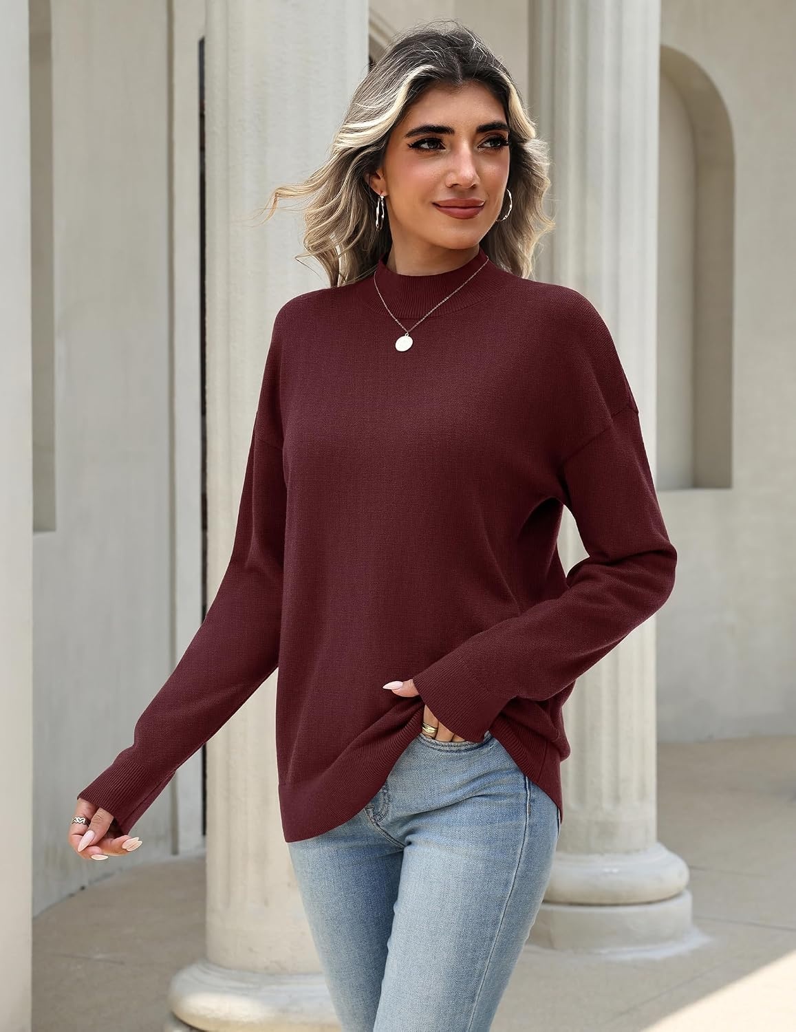 image:imageZeagoo Womens Sweaters Turtleneck Long Sleeve Tops Lightweight Fall ClothesWine Red