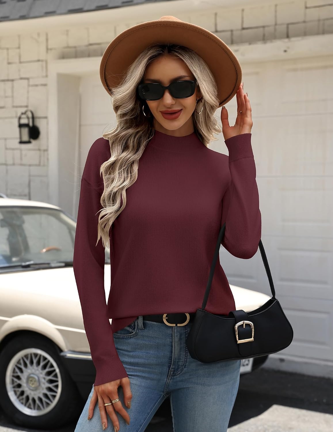 image:imageZeagoo Womens Sweaters Turtleneck Long Sleeve Tops Lightweight Fall ClothesWine Red