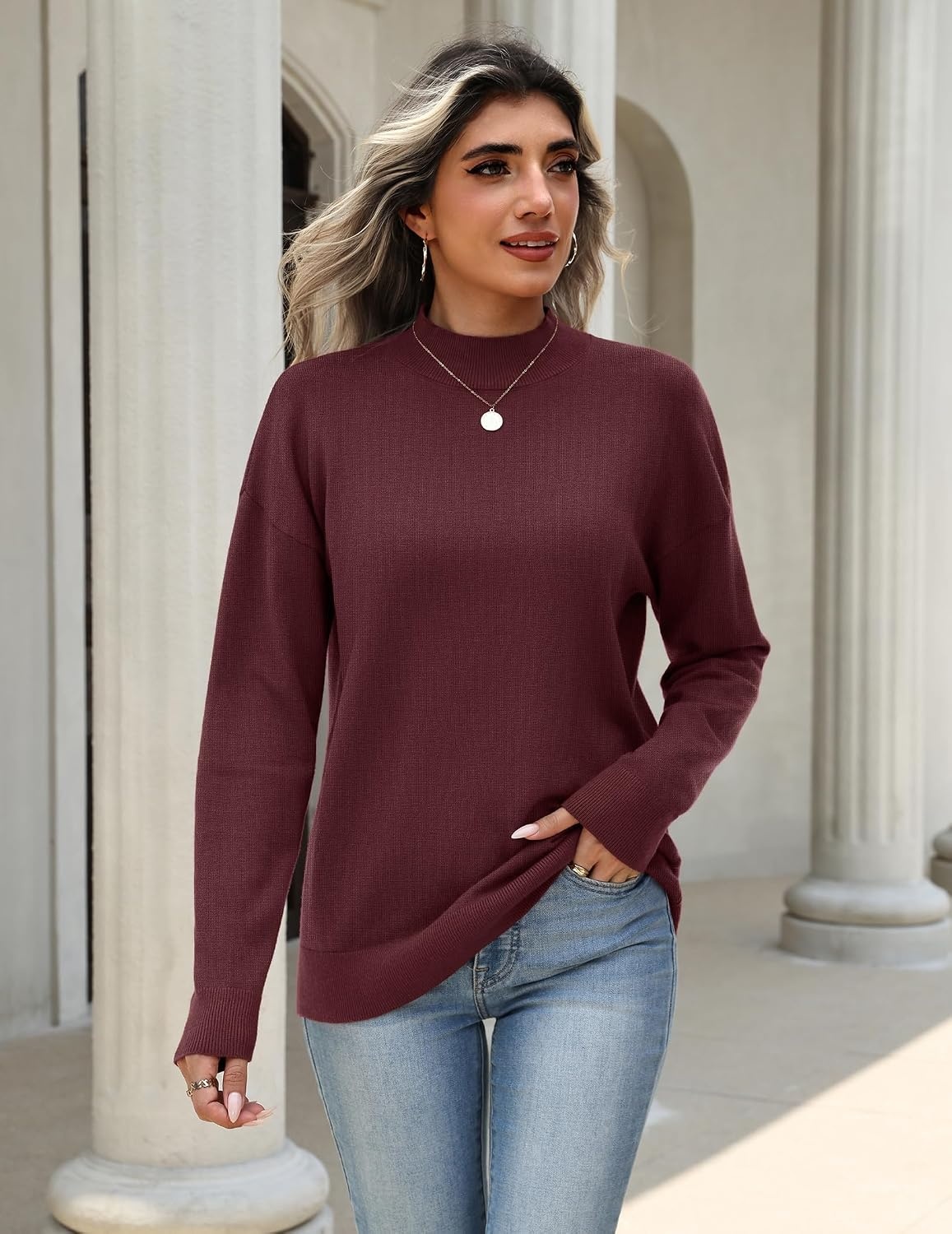 image:imageZeagoo Womens Sweaters Turtleneck Long Sleeve Tops Lightweight Fall ClothesWine Red