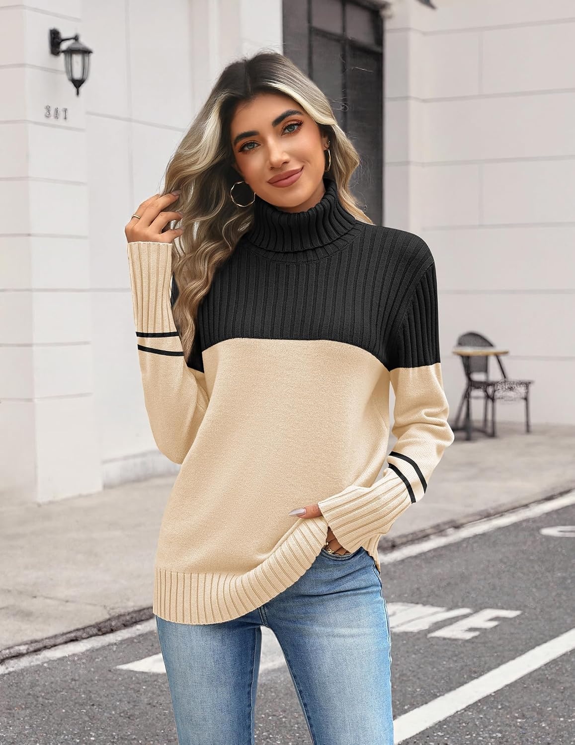 image:imageZeagoo Womens Turtleneck Sweater Fall Winter Casual Knit Pullover TopsBlack Apricot