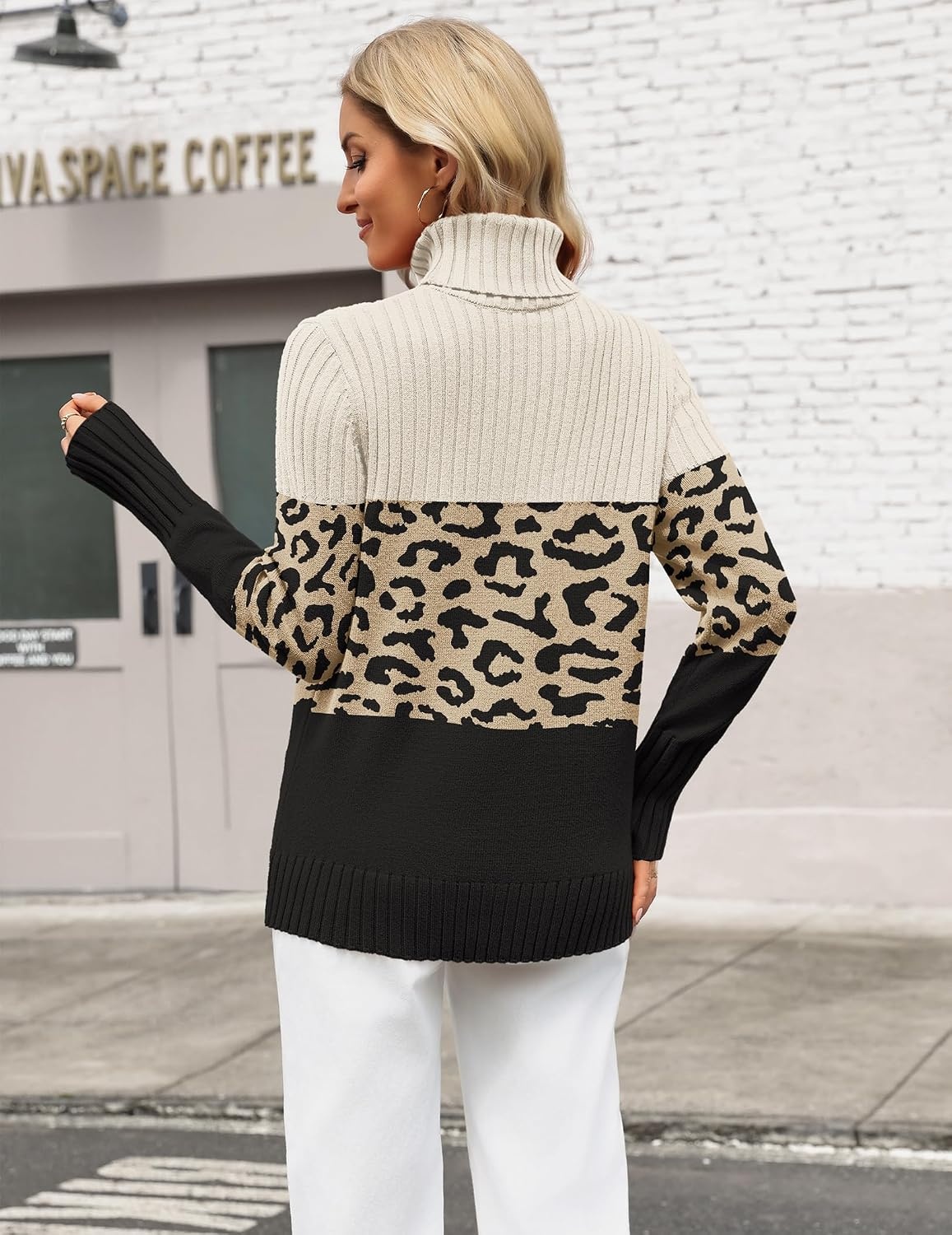 image:imageZeagoo Womens Turtleneck Sweater Fall Winter Casual Knit Pullover TopsBlack Leopard Apricot