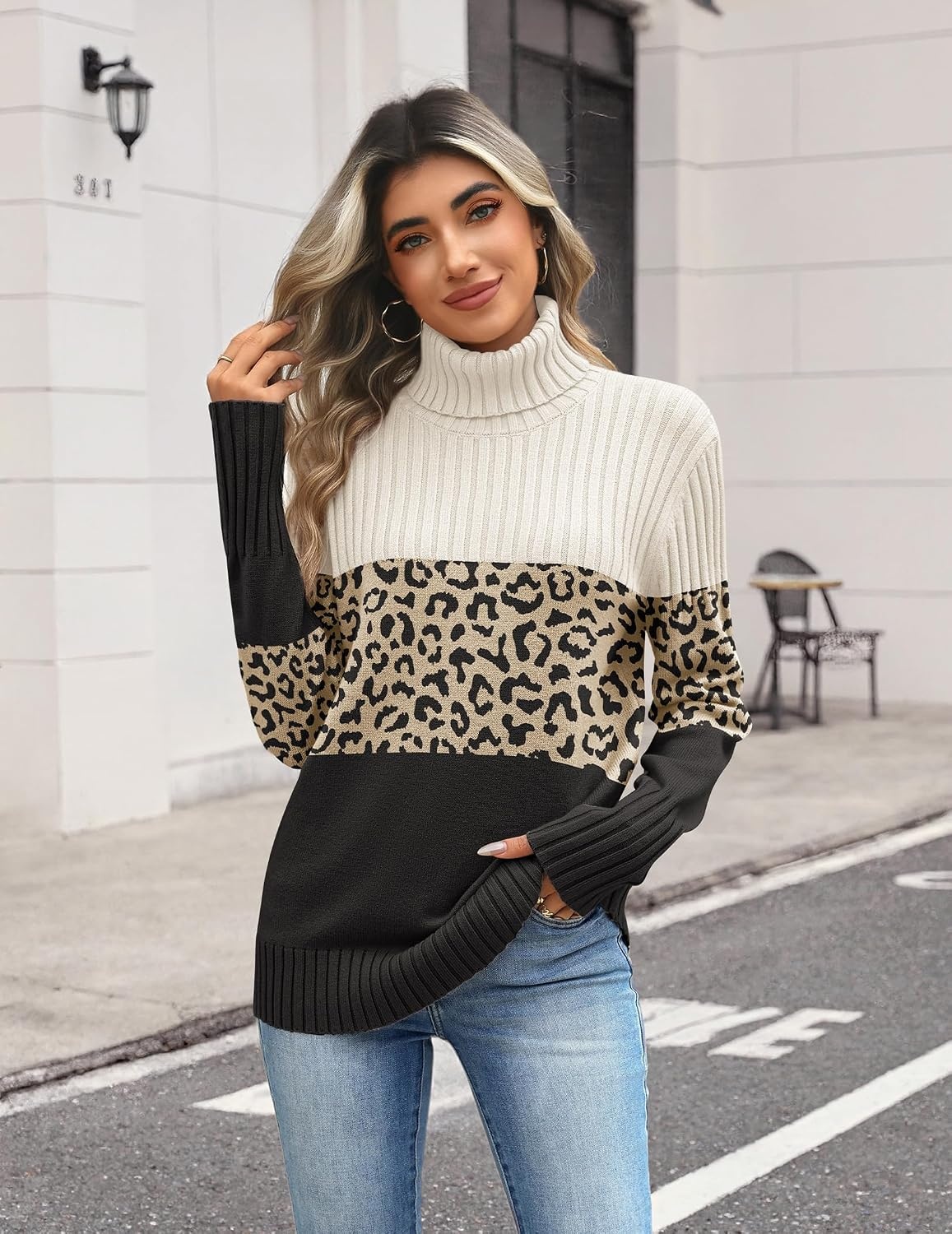 image:imageZeagoo Womens Turtleneck Sweater Fall Winter Casual Knit Pullover TopsBlack Leopard Apricot