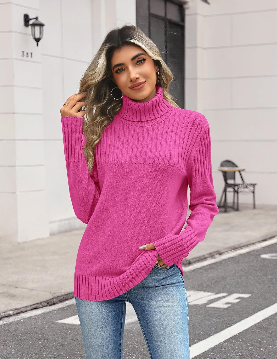 image:imageZeagoo Womens Turtleneck Sweater Fall Winter Casual Knit Pullover TopsHot Pink