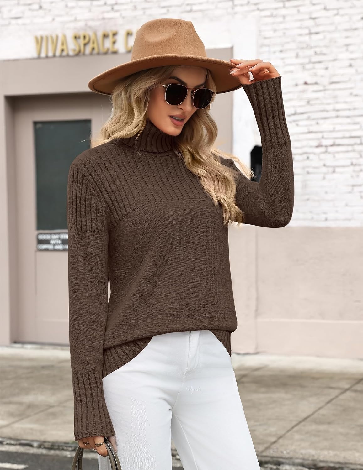image:imageZeagoo Womens Turtleneck Sweater Fall Winter Casual Knit Pullover TopsLight Brown