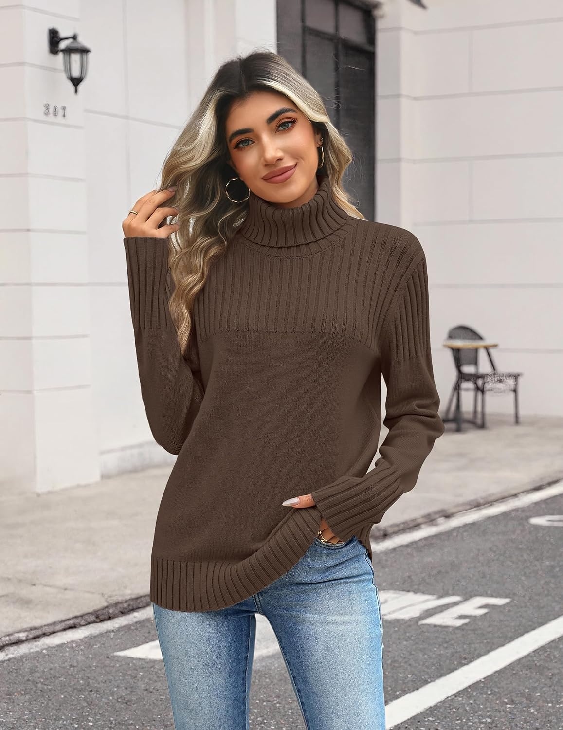 image:imageZeagoo Womens Turtleneck Sweater Fall Winter Casual Knit Pullover TopsLight Brown