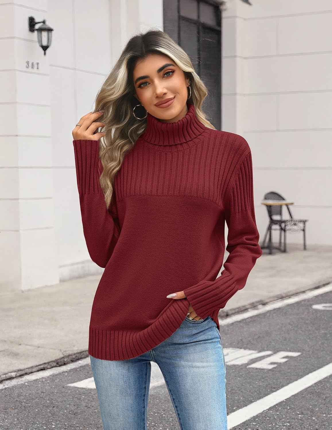 image:imageZeagoo Womens Turtleneck Sweater Fall Winter Casual Knit Pullover TopsWine Red