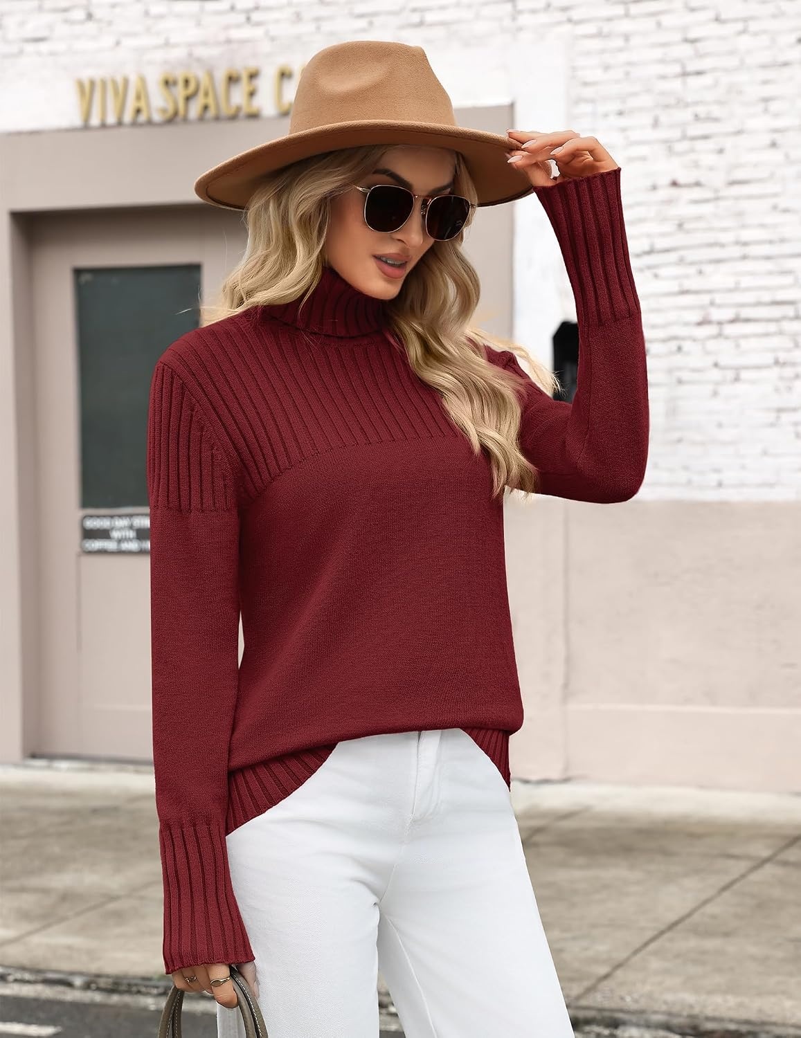 image:imageZeagoo Womens Turtleneck Sweater Fall Winter Casual Knit Pullover TopsWine Red