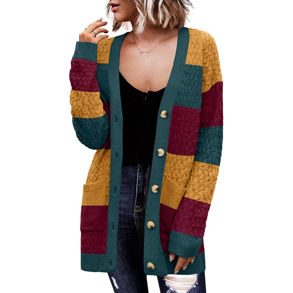 image:imageZeagoo Cardigan Sweaters for Women Long Sleeve Fall Clothes Button Down TopColorblock 500