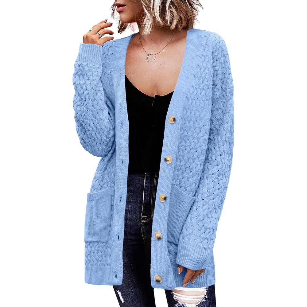 image:imageZeagoo Cardigan Sweaters for Women Long Sleeve Fall Clothes Button Down TopLight Blue