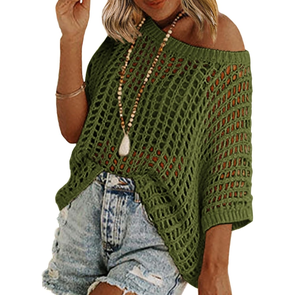 image:imageZeagoo Short Sleeve Crochet Sweater Lightweight Summer Tops Beach Cover UpsArmy Green