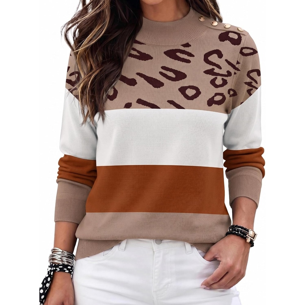 image:imageZeagoo Sweaters for Women Turtleneck Tops Long Sleeve Mock Neck PulloverLeopard Colorblock