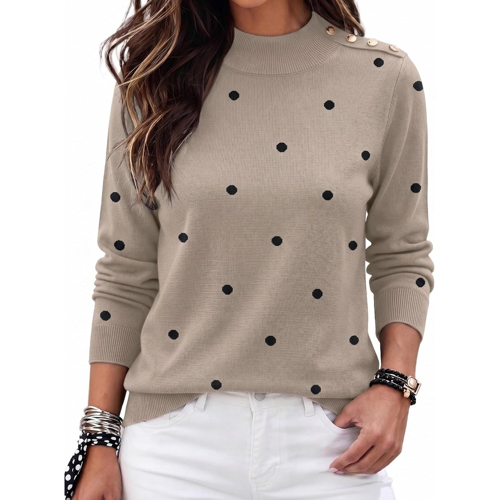 image:imageZeagoo Sweaters for Women Turtleneck Tops Long Sleeve Mock Neck PulloverPolka Dot Khaki