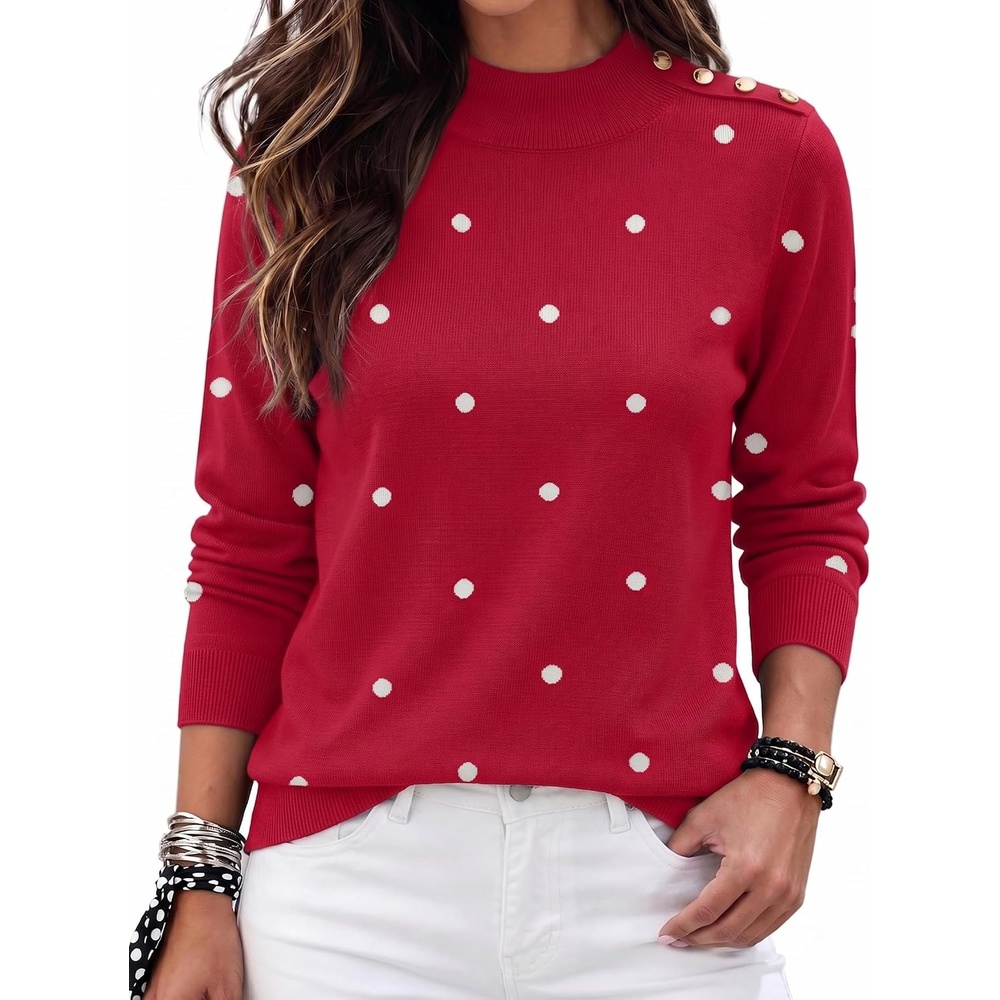 image:imageZeagoo Sweaters for Women Turtleneck Tops Long Sleeve Mock Neck PulloverPolka Dot Red