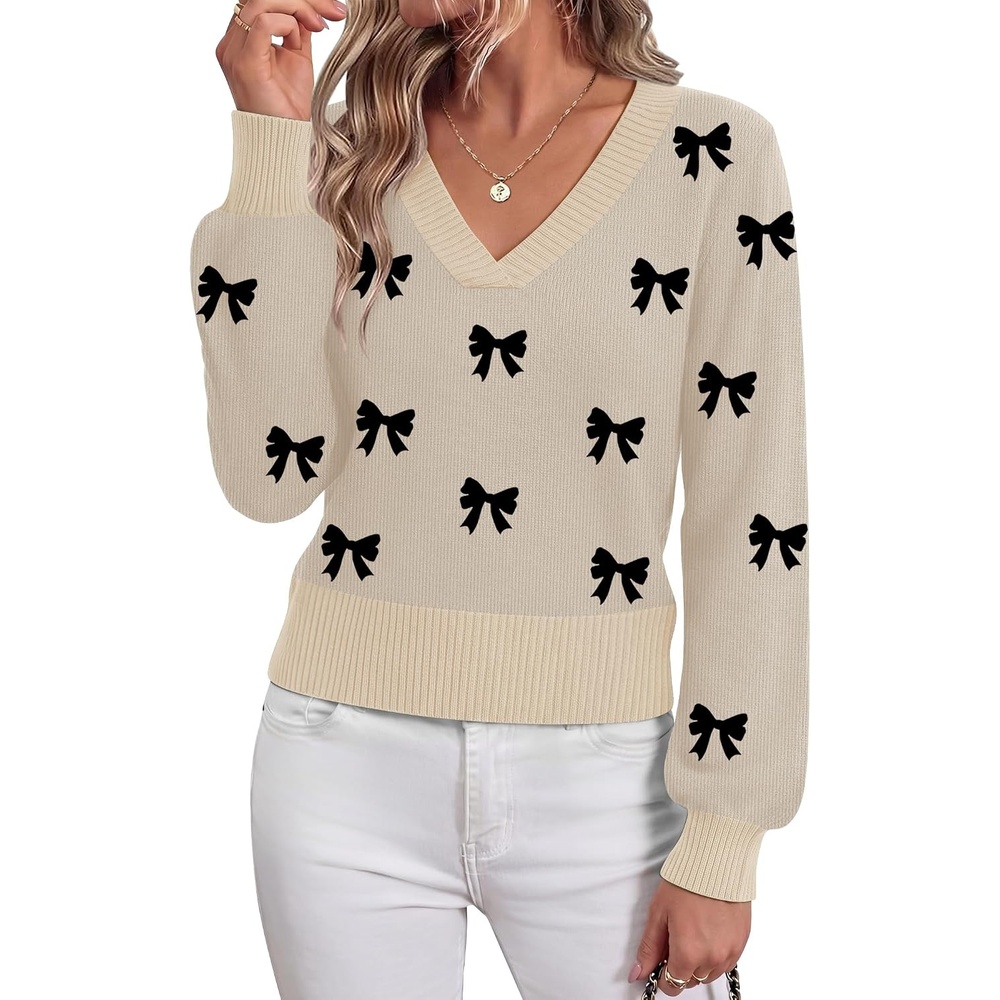 image:imageZeagoo Womens Cropped V Neck Sweaters 2026 Fall Trendy Long Latern Sleeve Ribbed Knit Pullover Sweater TopsBowblack Khaki