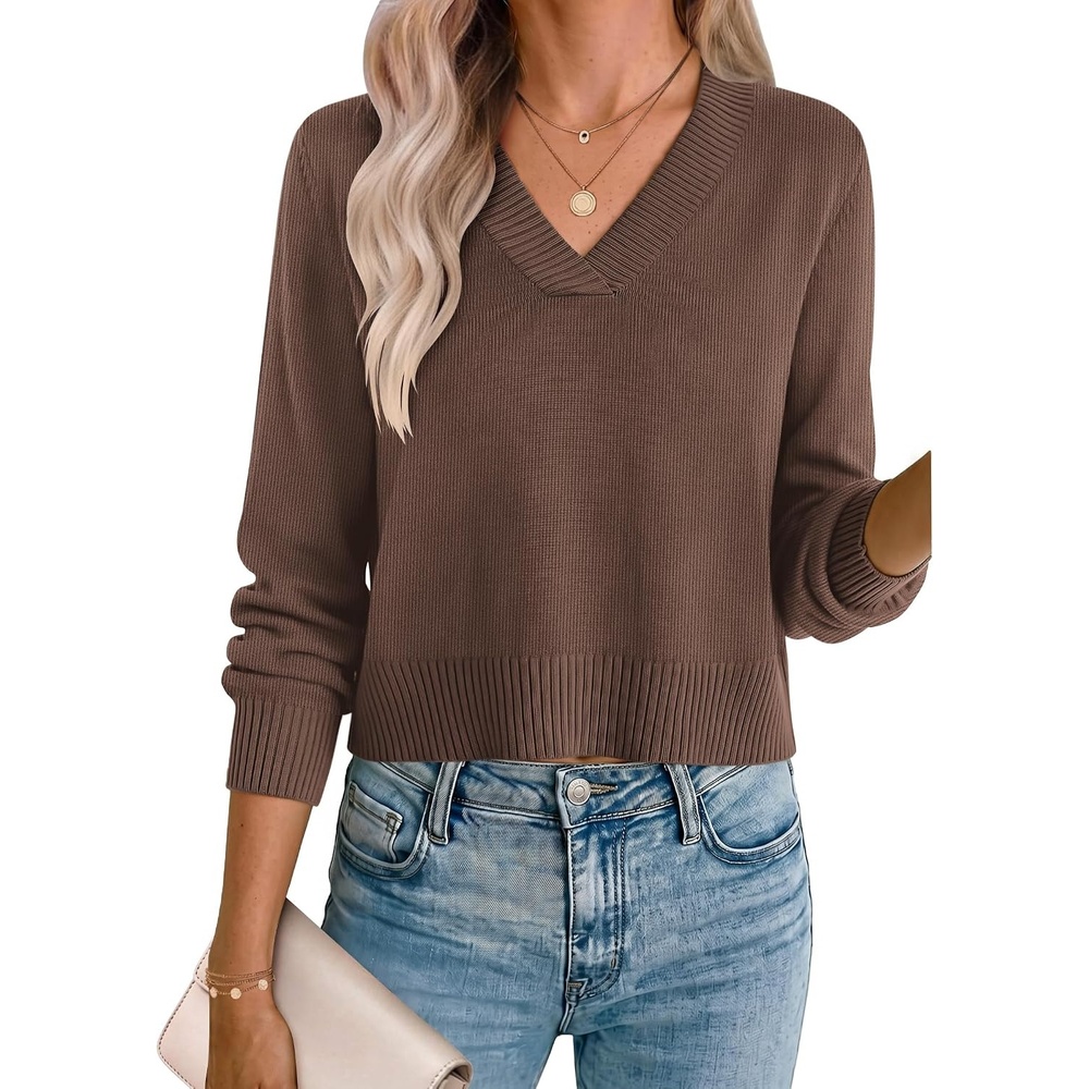 image:imageZeagoo Womens Cropped V Neck Sweaters 2026 Fall Trendy Long Latern Sleeve Ribbed Knit Pullover Sweater TopsBrown