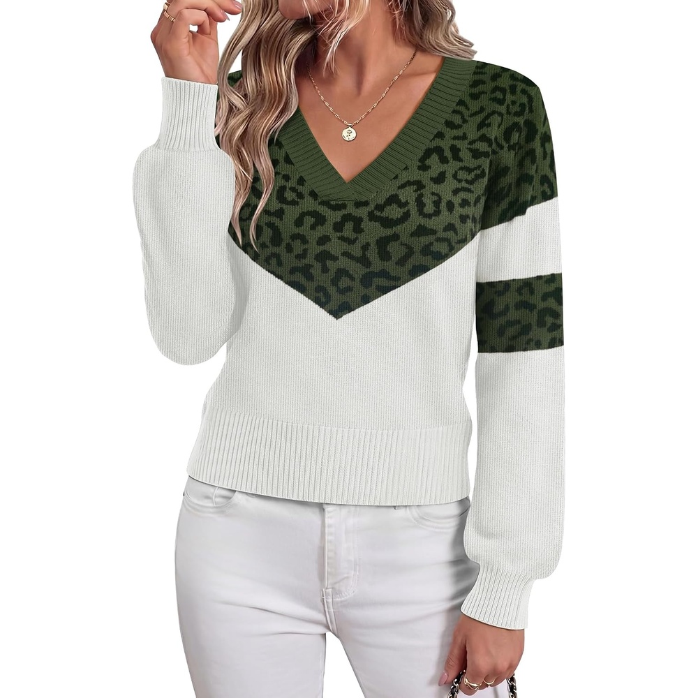 image:imageZeagoo Womens Cropped V Neck Sweaters 2026 Fall Trendy Long Latern Sleeve Ribbed Knit Pullover Sweater TopsLeopardarmy White