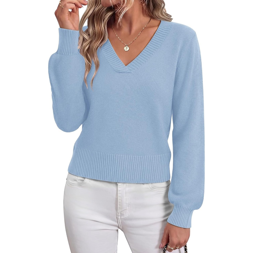 image:imageZeagoo Womens Cropped V Neck Sweaters 2026 Fall Trendy Long Latern Sleeve Ribbed Knit Pullover Sweater TopsLight Blue