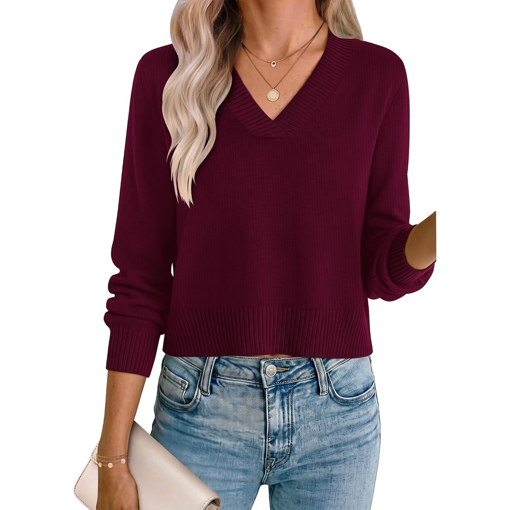 image:imageZeagoo Womens Cropped V Neck Sweaters 2026 Fall Trendy Long Latern Sleeve Ribbed Knit Pullover Sweater TopsWine Red