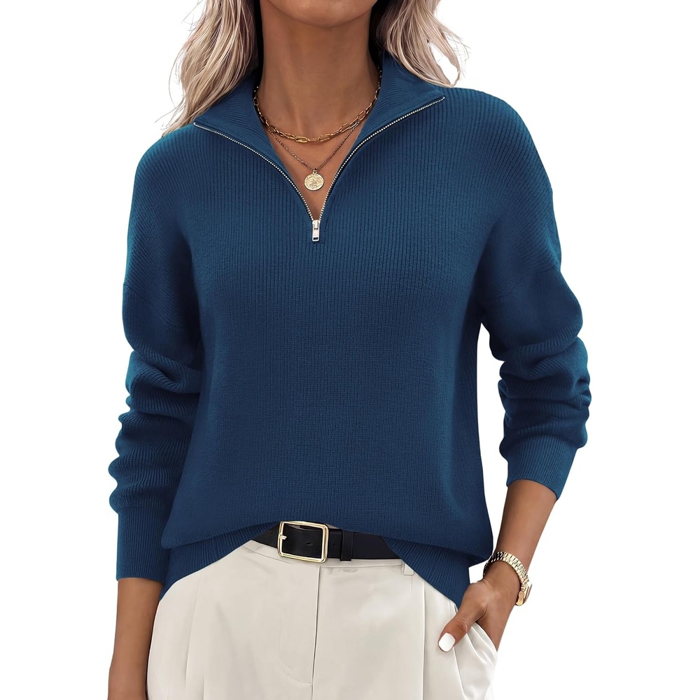 image:imageZeagoo Womens Fall Long Sleeve Quarter Zip Sweaters Knit Pullover TopsBlue