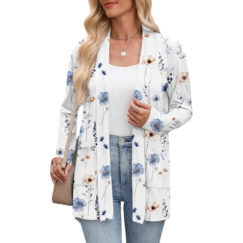 image:imageZeagoo Womens Lightweight Cardigan Open Front Long Sleeve Casual CardigansAflower Blue