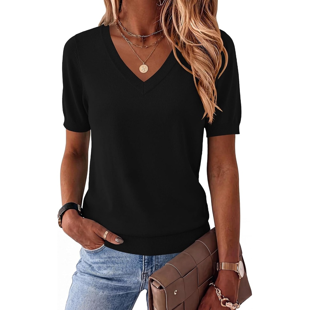 image:imageZeagoo Womens Short Sleeve Sweaters Summer V Neck Business Casual Knit TopsBlack