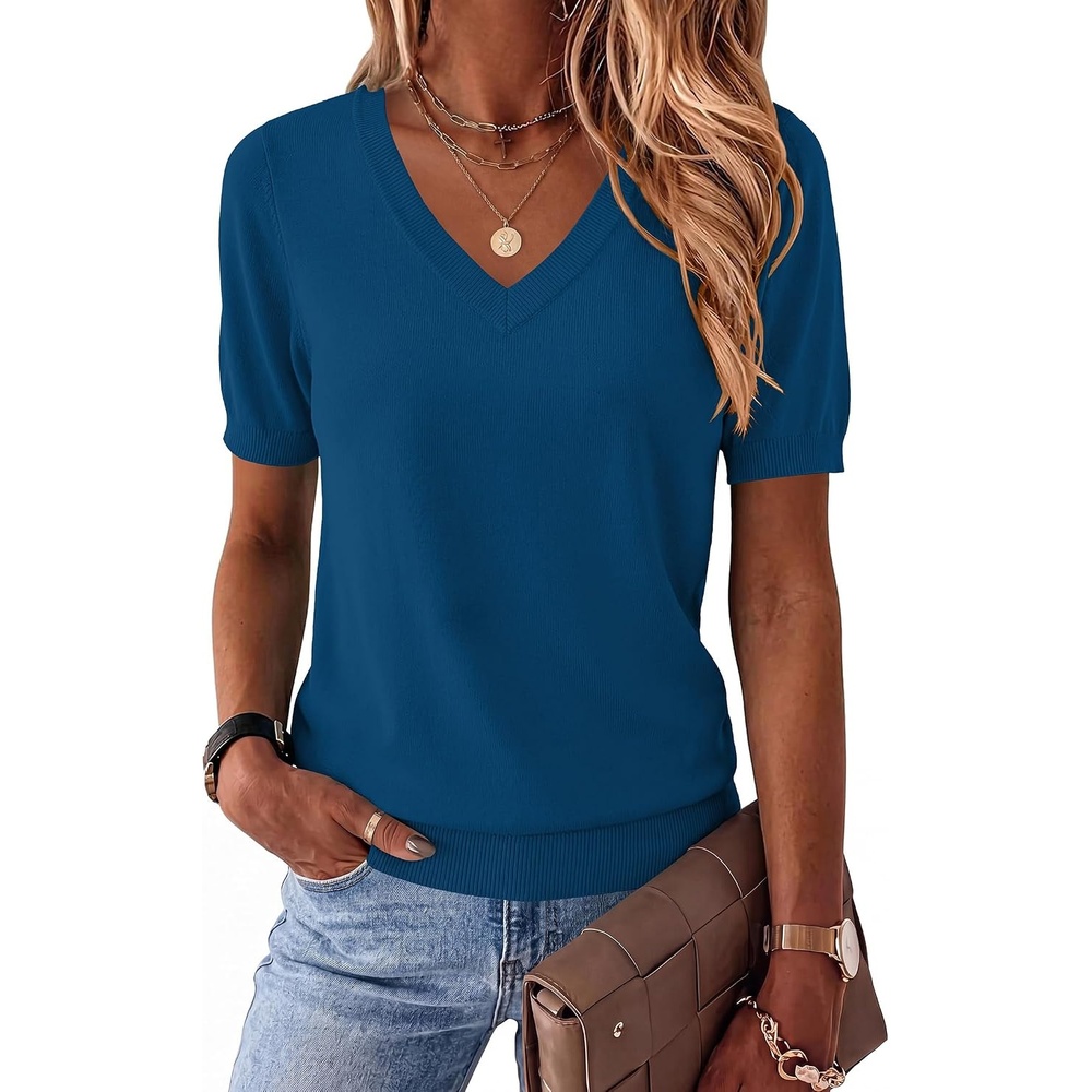 image:imageZeagoo Womens Short Sleeve Sweaters Summer V Neck Business Casual Knit TopsBlue