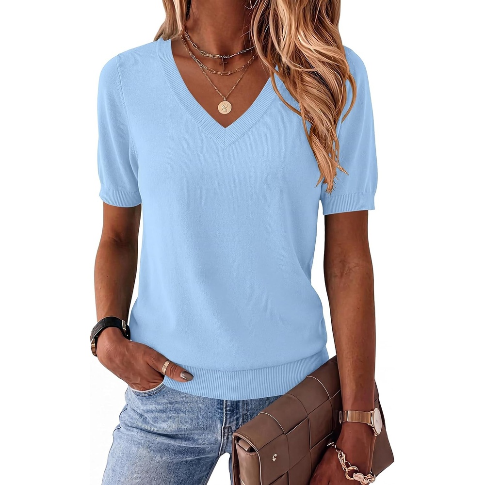 image:imageZeagoo Womens Short Sleeve Sweaters Summer V Neck Business Casual Knit TopsLight Blue