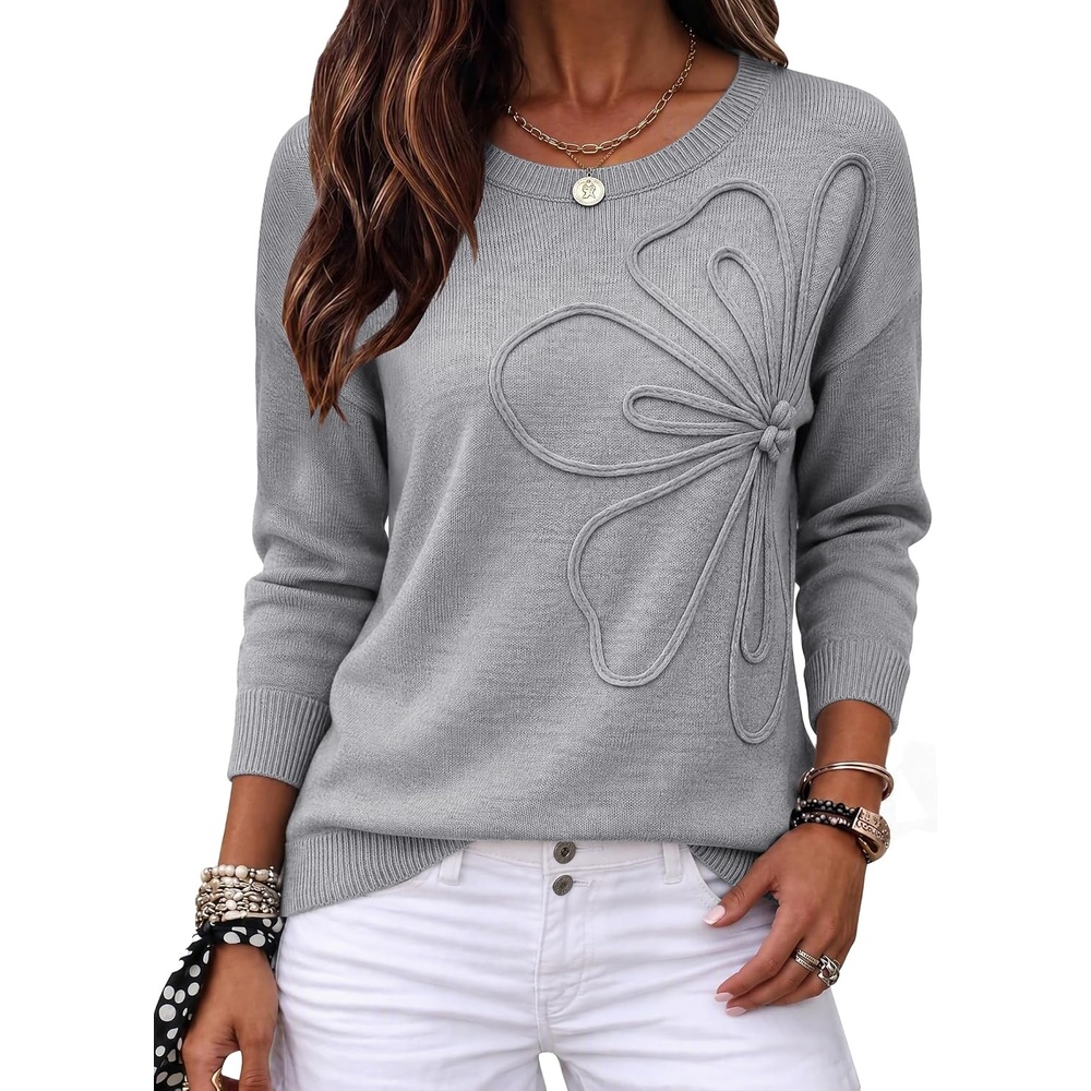 image:imageZeagoo Womens Sweaters 3D Floral Appliques Crewneck Long Sleeve Pullovers01 Grey