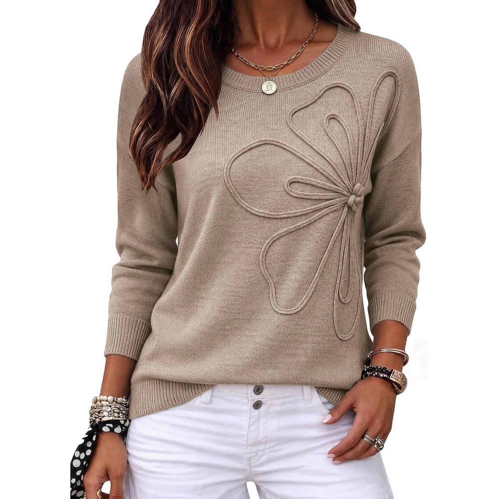 image:imageZeagoo Womens Sweaters 3D Floral Appliques Crewneck Long Sleeve Pullovers02 Khaki