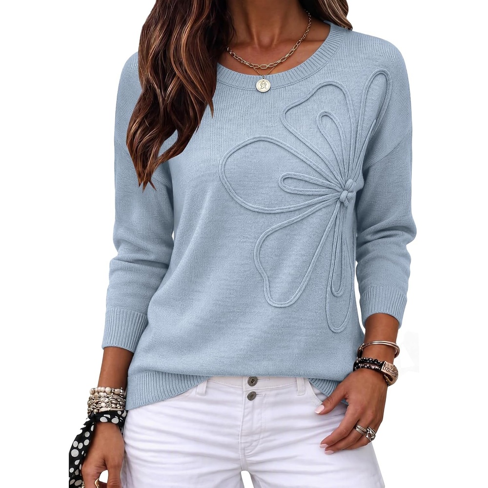 image:imageZeagoo Womens Sweaters 3D Floral Appliques Crewneck Long Sleeve Pullovers03 Blue