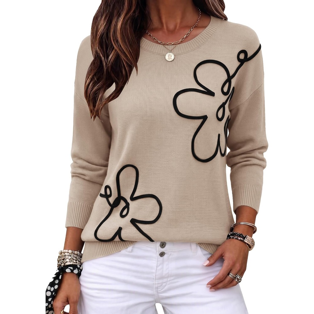 image:imageZeagoo Womens Sweaters 3D Floral Appliques Crewneck Long Sleeve PulloversApricot