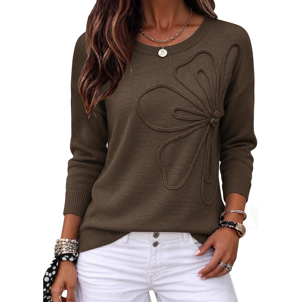 image:imageZeagoo Womens Sweaters 3D Floral Appliques Crewneck Long Sleeve PulloversCoffee