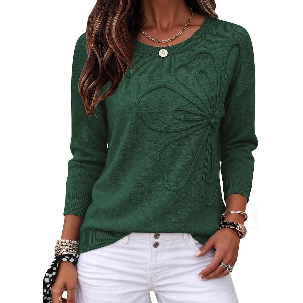 image:imageZeagoo Womens Sweaters 3D Floral Appliques Crewneck Long Sleeve PulloversDeep Green