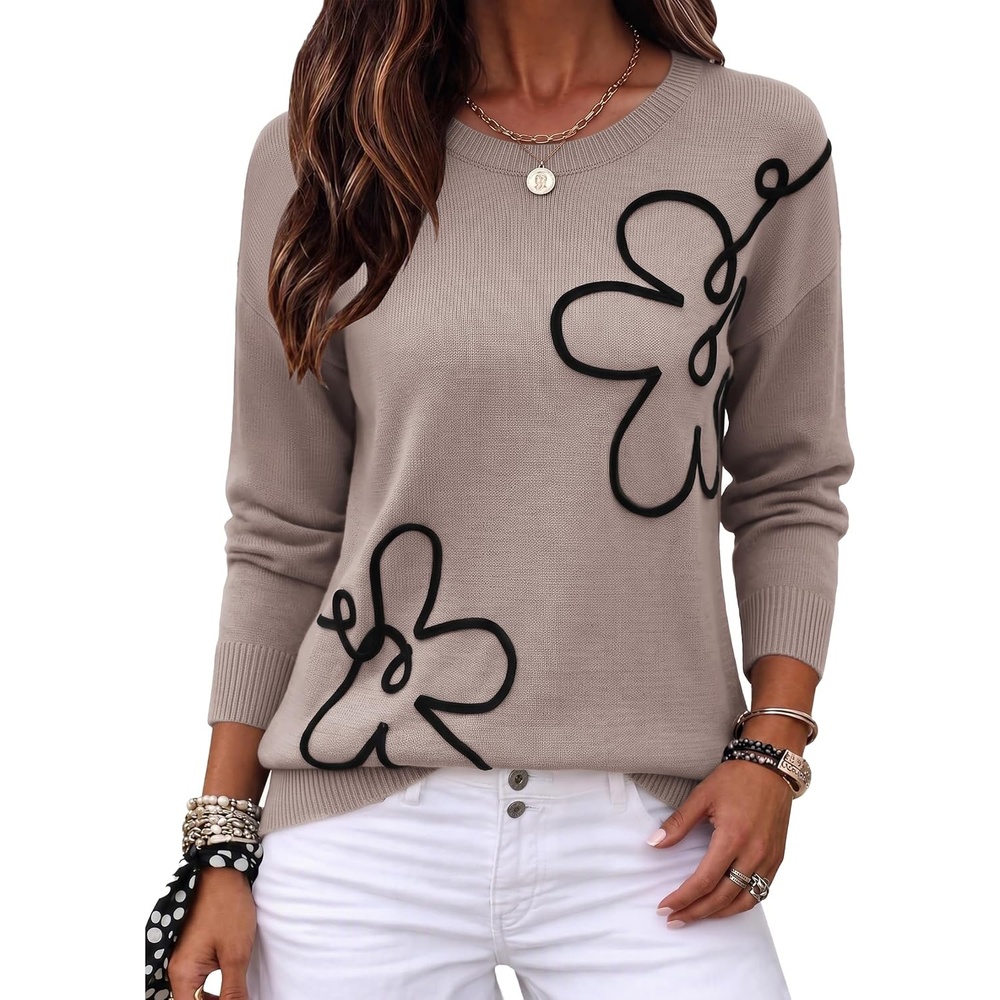 image:imageZeagoo Womens Sweaters 3D Floral Appliques Crewneck Long Sleeve PulloversDeep Khaki