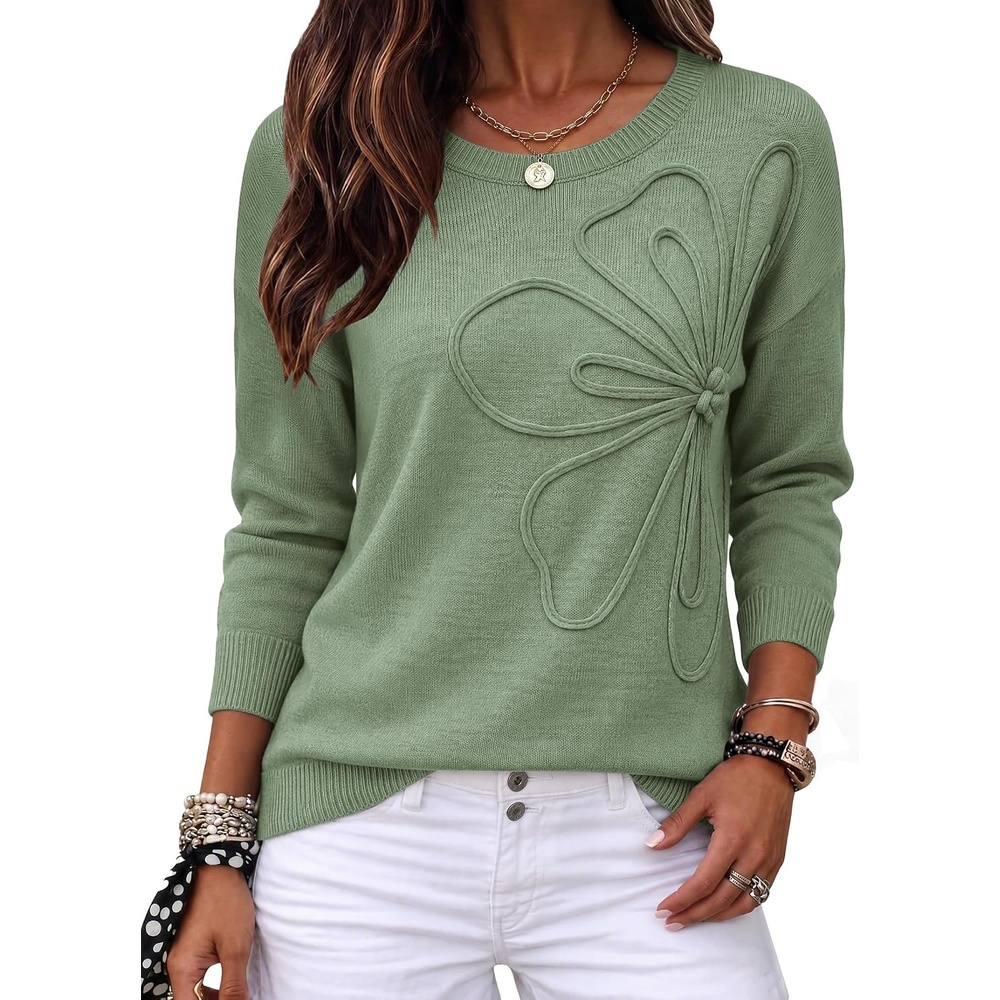 image:imageZeagoo Womens Sweaters 3D Floral Appliques Crewneck Long Sleeve PulloversGreen
