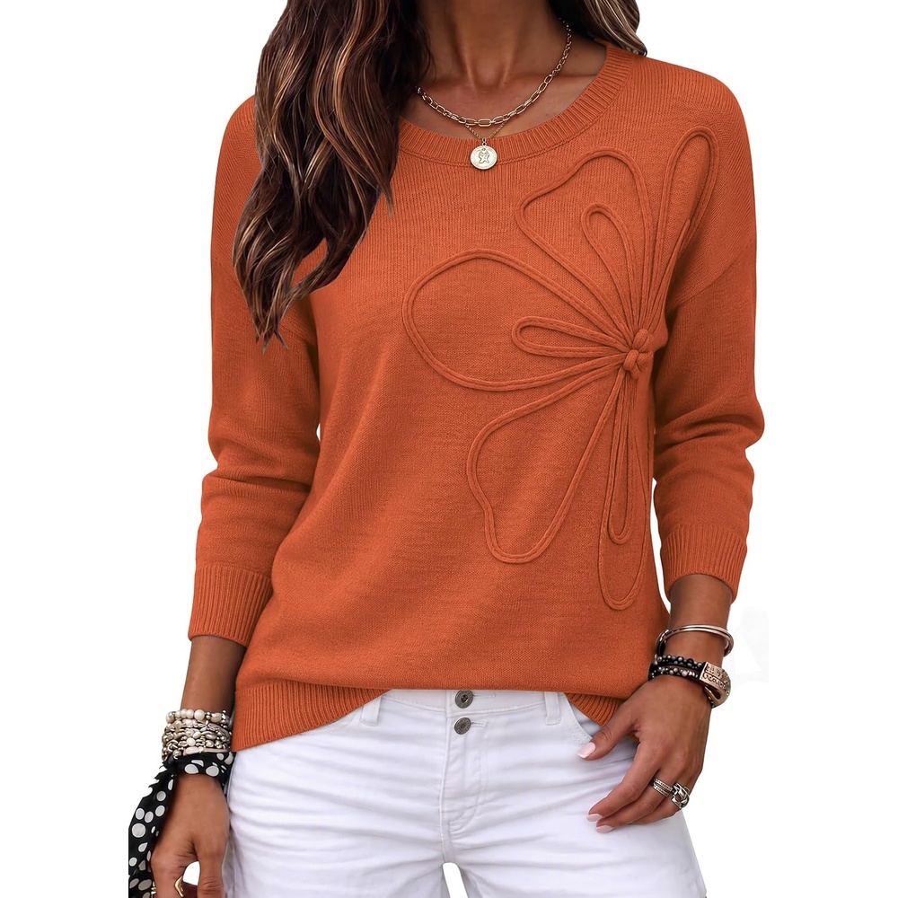image:imageZeagoo Womens Sweaters 3D Floral Appliques Crewneck Long Sleeve PulloversOrange
