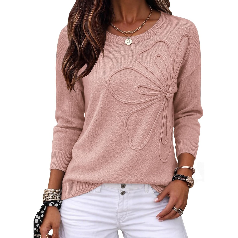 image:imageZeagoo Womens Sweaters 3D Floral Appliques Crewneck Long Sleeve PulloversPink
