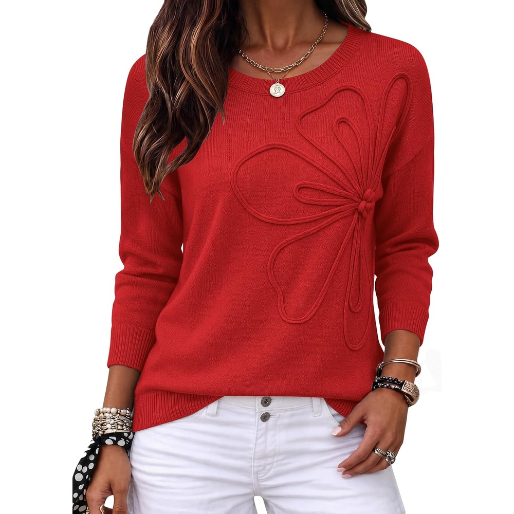 image:imageZeagoo Womens Sweaters 3D Floral Appliques Crewneck Long Sleeve PulloversRed