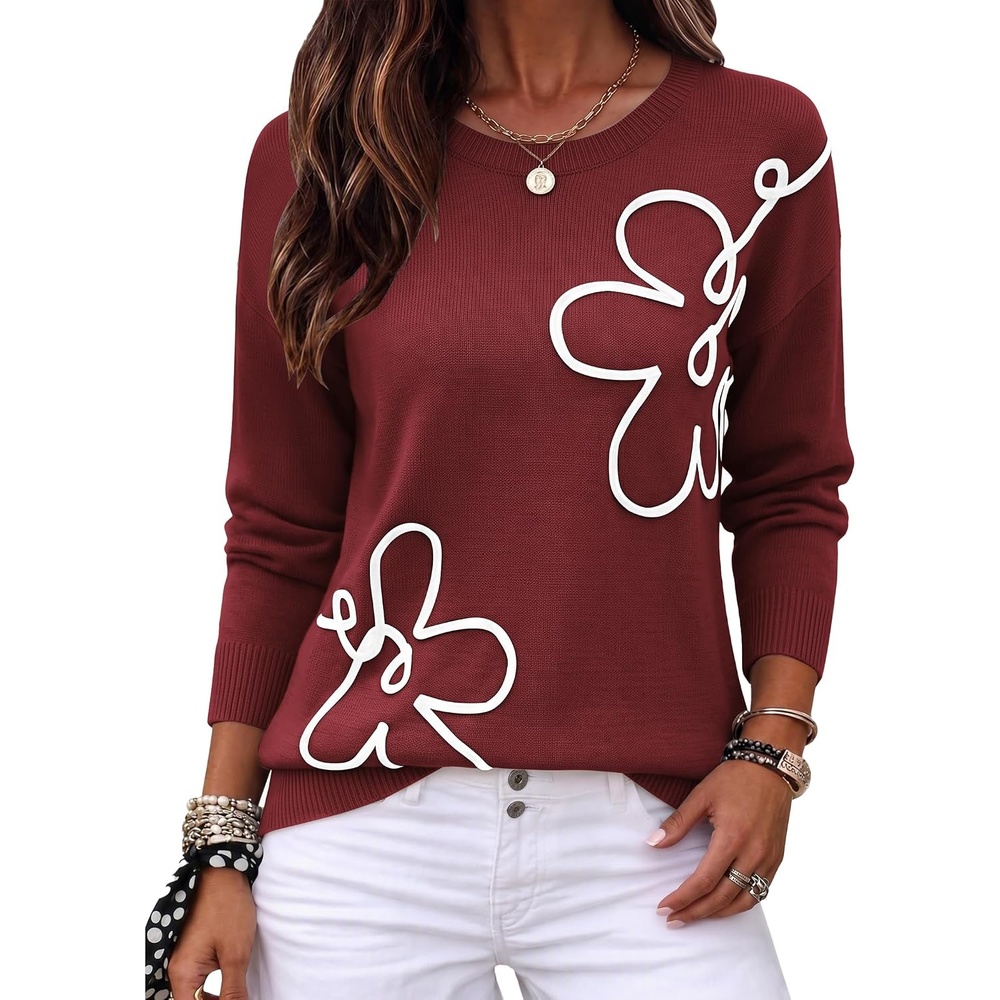 image:imageZeagoo Womens Sweaters 3D Floral Appliques Crewneck Long Sleeve PulloversWine Red