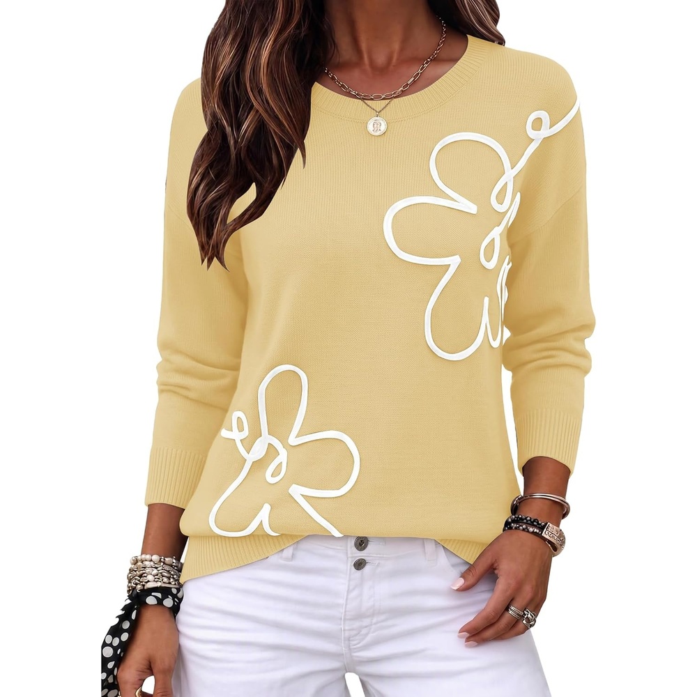 image:imageZeagoo Womens Sweaters 3D Floral Appliques Crewneck Long Sleeve PulloversYellow