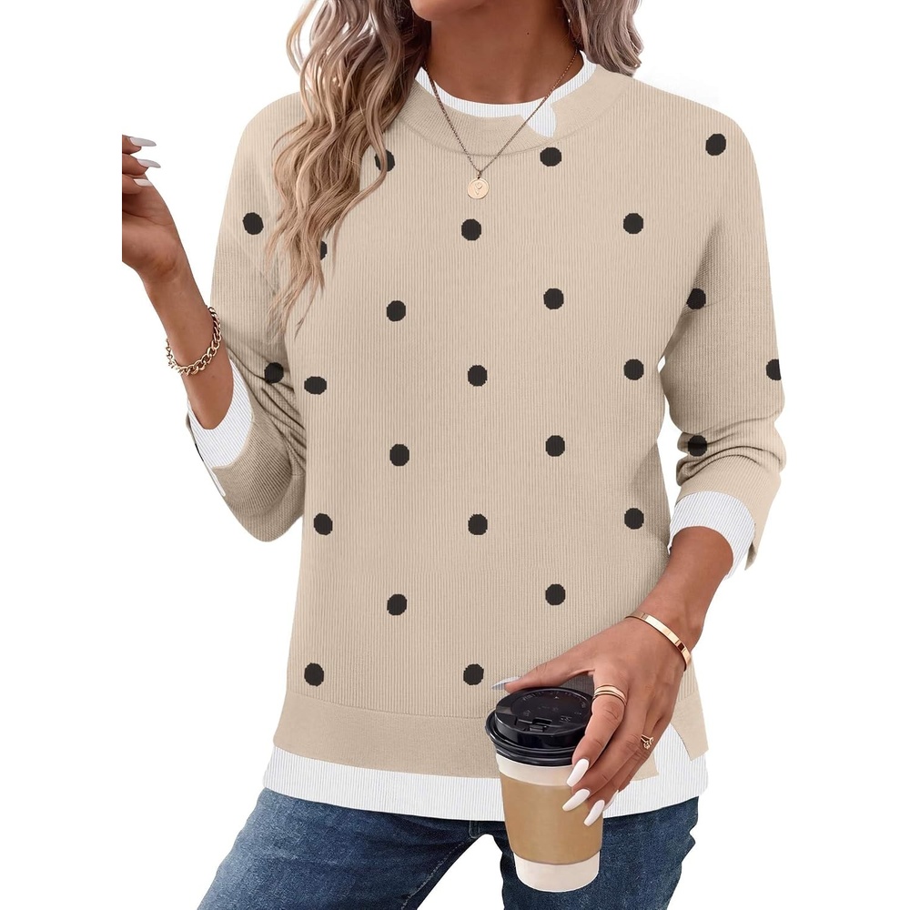 image:imageZeagoo Womens Sweaters Crewneck Long Sleeve Pullover TopsKakhi Black Polka Dots