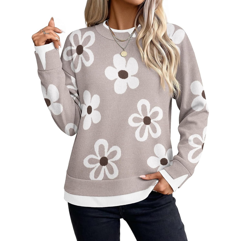 image:imageZeagoo Womens Sweaters Crewneck Long Sleeve Pullover TopsKakhi White Brown Flower