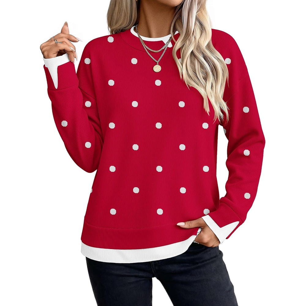 image:imageZeagoo Womens Sweaters Crewneck Long Sleeve Pullover TopsRed White Polka Dots