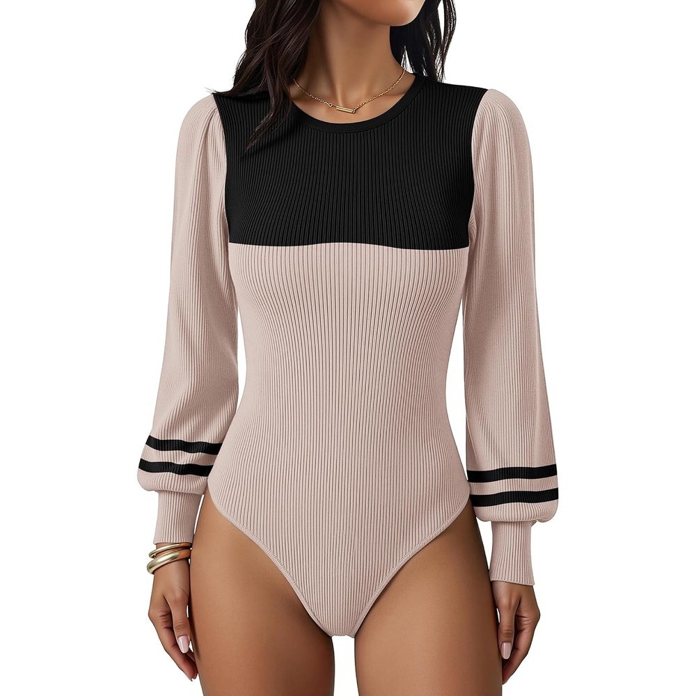 image:imageZeagoo Womens Sweaters Long Sleeve Bodysuits 2026 Fall Crewneck Puff Knit Pullover TopsApricot Black Stripe