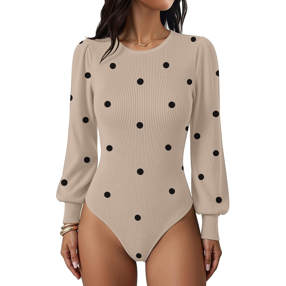 image:imageZeagoo Womens Sweaters Long Sleeve Bodysuits 2026 Fall Crewneck Puff Knit Pullover TopsBeige Black Polka Dot