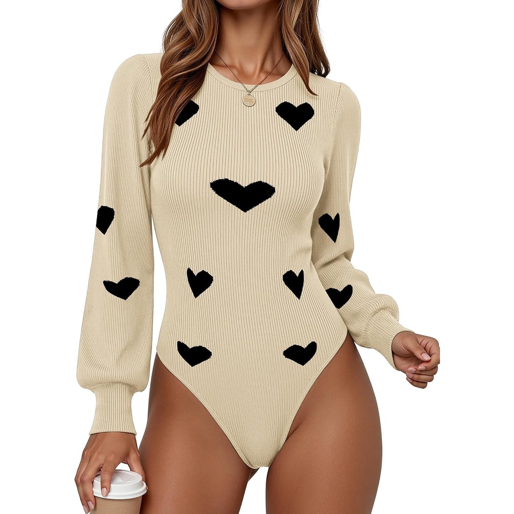 image:imageZeagoo Womens Sweaters Long Sleeve Bodysuits 2026 Fall Crewneck Puff Knit Pullover TopsBlack Heart