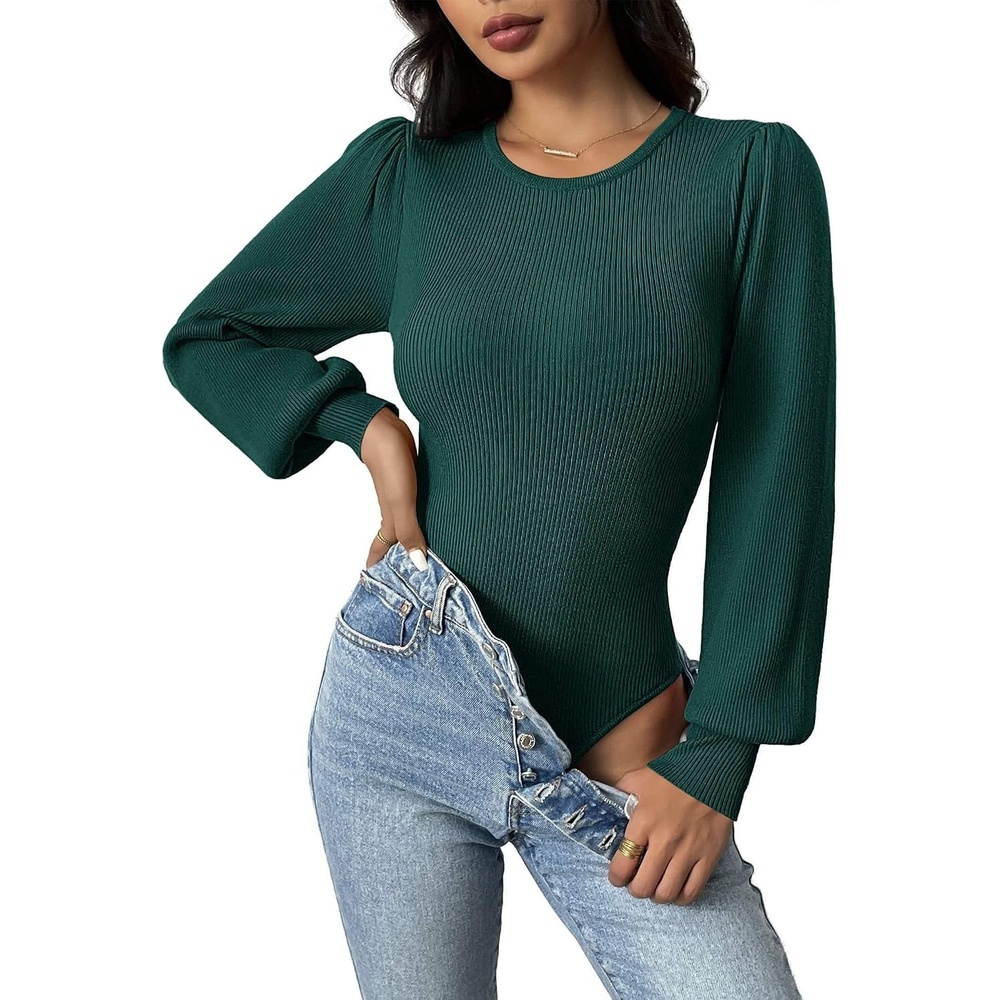 image:imageZeagoo Womens Sweaters Long Sleeve Bodysuits 2026 Fall Crewneck Puff Knit Pullover TopsGreen